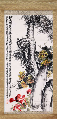 CHINESE SCROLL PAINTING OF PINE AND LINGCHI