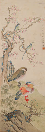 CHINESE SCROLL PAINTING OF BIRDS UNDER TREE