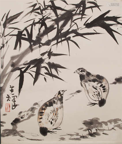 CHINESE SCROLL PAINTING OF BIRD AND BAMBOO