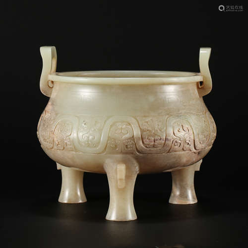 CHINESE CELADON JADE TRIPLE FEET ROUND CENSER