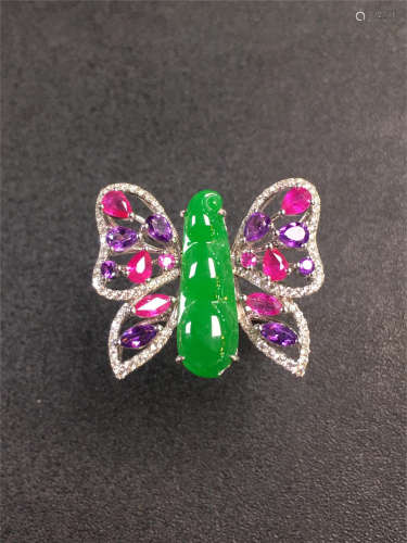 18K GOLD DIAMOND NATURAL JADEITE RUBY BUTTERFLY RING