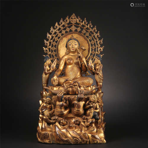 TIBETAN GILT BRONZE SEATED BUDDHA WITH BOYS