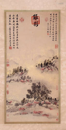 CHINESE SCROLL PAINTING OF MOUNTAIN VIEWS WITH CALLIGRAPHY