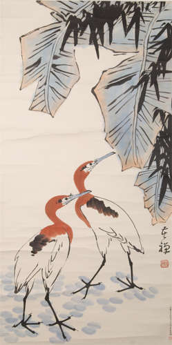 CHINESE SCROLL PAINTING OF BIRDS UNDER BANANA LEAF