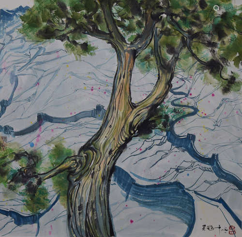 CHINESE SCROLL PAINTING OF TREE ON MOUNTAIN