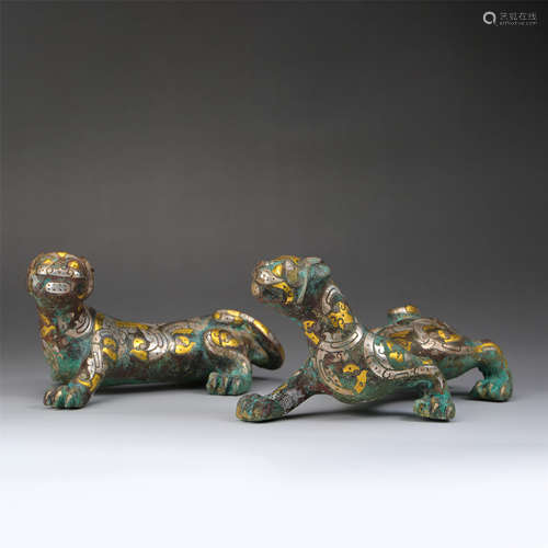 PAIR OF CHINESE GOLD SILVER INLAID BRONZE BEASTS