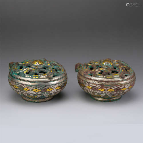 PAIR OF CHINESE GOLD SILVER INLAID BRONZE ROUND CENSERS