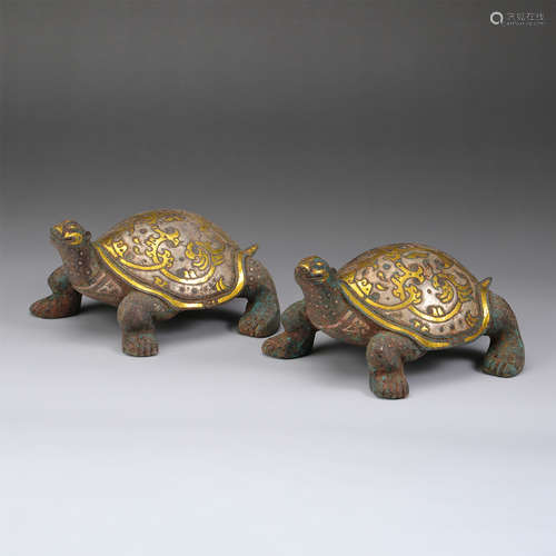 PAIR OF CHINESE GOLE SILVER INLAID BRONZE TURTLES