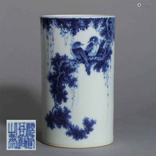 CHINESE PORCELAIN BLUE AND WHITE BIRD ON PINE BRUSH POT