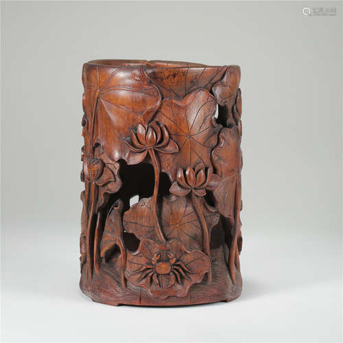 CHINESE BAMBOO CARVED LOTUS BRUSH POT