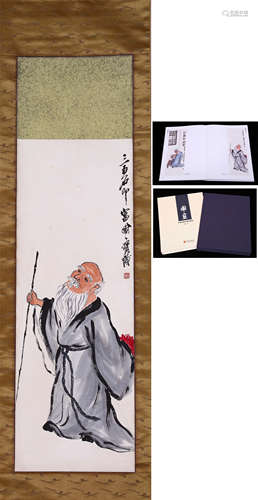 CHINESE SCROLL PAINTING OF OLD MAN WITH PUBLICATION