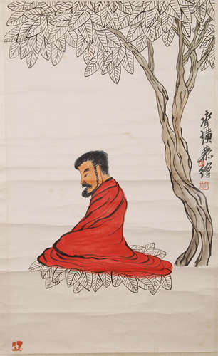 CHINESE SCROLL PAINTING OF LOHAN UNDER TREE