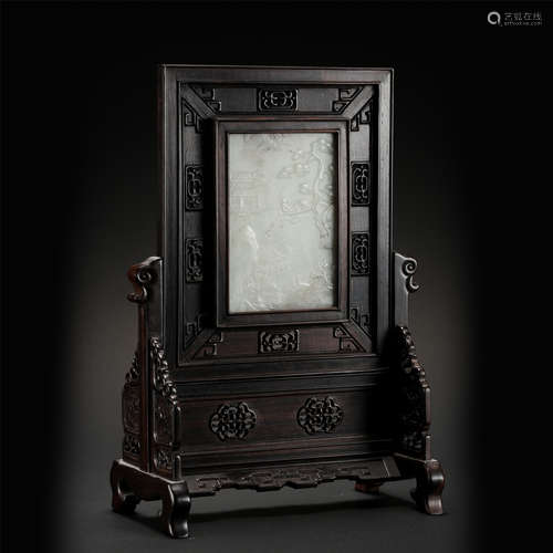 CHINESE WHITE JADE PLAQUE INLAID ROSEWOOD TABLE SCREEN