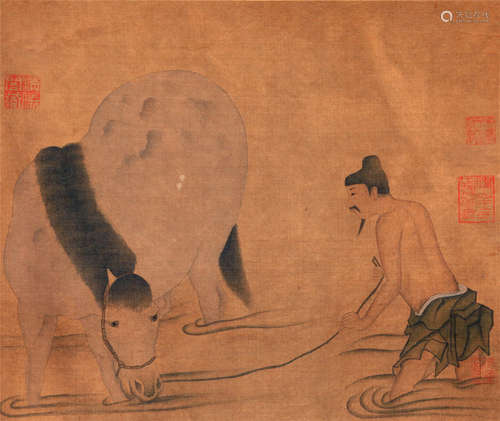 CHINESE SCROLL PAINTING OF HORSE BATHING