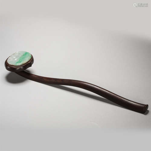 CHINESE JADEITE PLAQUE INLAID ROSEWOOD RUYI SCEPTER