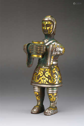 CHINESE GOLD SILVER INLAID STANDING WARRIOR