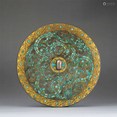 CHINESE TURQUOISE GOLD INLAID BRONZE ROUND MIRROR