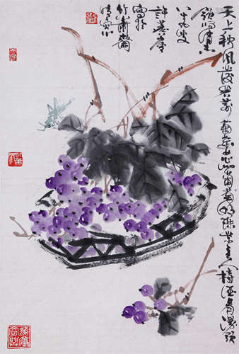 CHINESE SCROLL PAINTING OF GRAPE IN BASKET