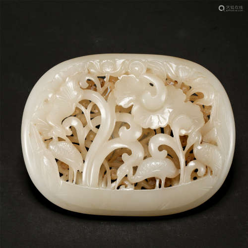 CHINESE WHITE JADE PIERCED CARVED BIRD AND FLOWER PLAQUE