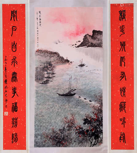 CHINESE SCROLL PAINTING OF LAKEVIEWS WITH CALLIGRAPHY COUPLET