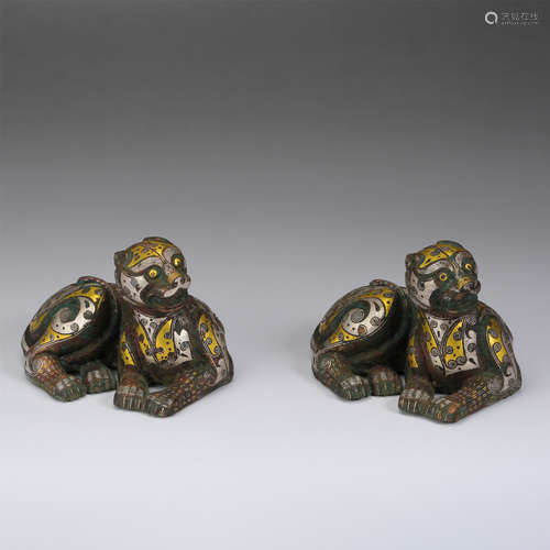 PAIR OF CHINESE GOLE SILVER INLAID BRONZE BEASTS