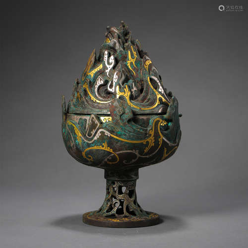 CHINESE GOLD SILVER INLAID BRONZE BOSHAN CENSER HAN DYNASTY