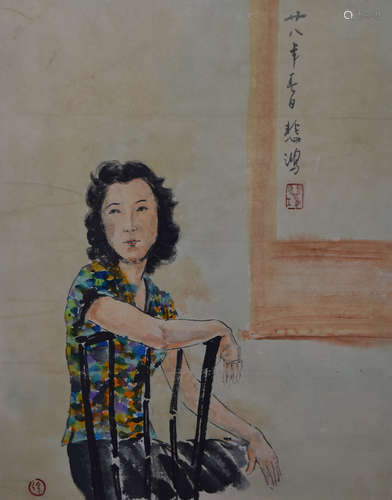 CHINESE SCROLL PAINTING OF LADY ON CHAIR