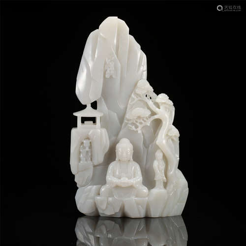 CHINESE CELADON JADE SEATED BUDDHA IN MOUNTAIN