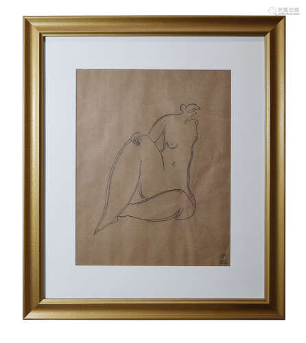 CHINESE FRAMED SKETCH DRAWING OF SEATED NUDE