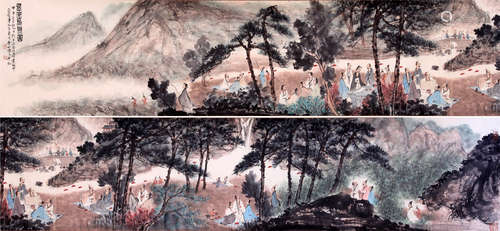 CHINESE HAND SCROLL PAINTING OF FIGURES IN MOUNTAIN