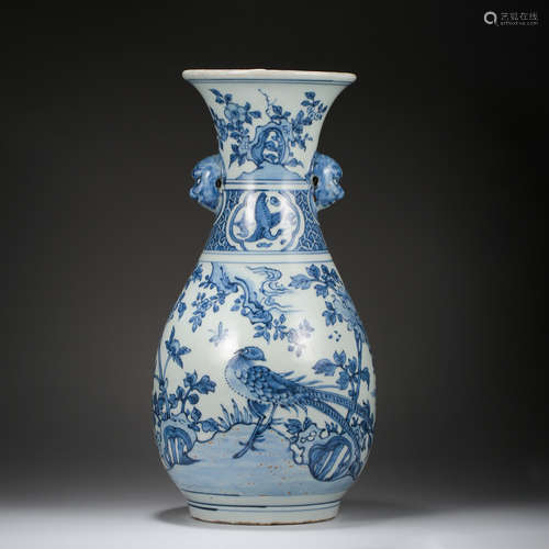 CHINESE PORCELAIN BLUE AND WHITE BIRD AND FLOWER VASE