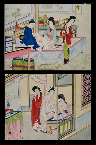 TWO PANELS OF CHINESE PAINTING OF EROTIC SENSES