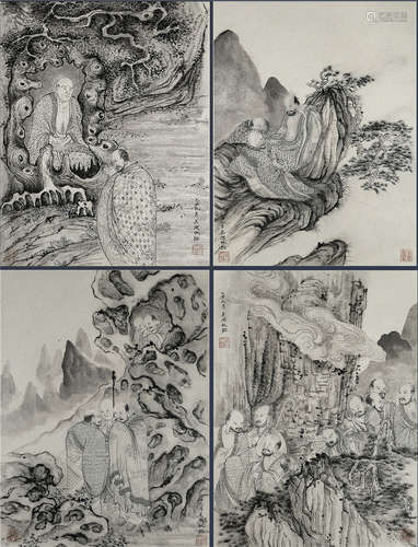 FOUR PANELS OF CHINESE ALBUM PAINTING OF LOHAN IN MOUNTAIN