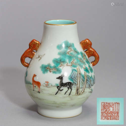 CHINESE PORCELAIN FAMILLE ROSE DEER ZUN VASE