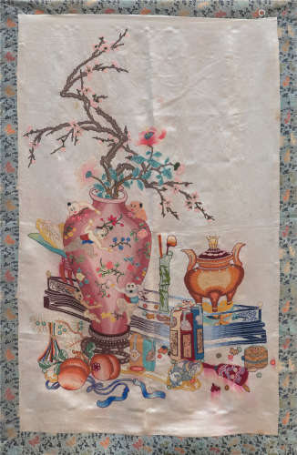 CHINESE EMBROIDERY FLOWER IN VASE TRAPESTY