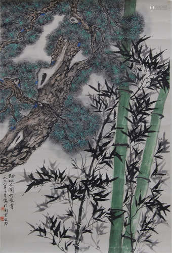 CHINESE SCROLL PAINTING OF PINE AND BAMBOO