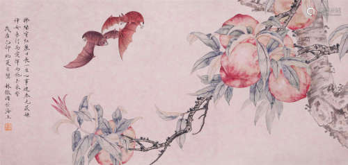 CHINESE SCROLL PAINTING OF PEACH AND BAT