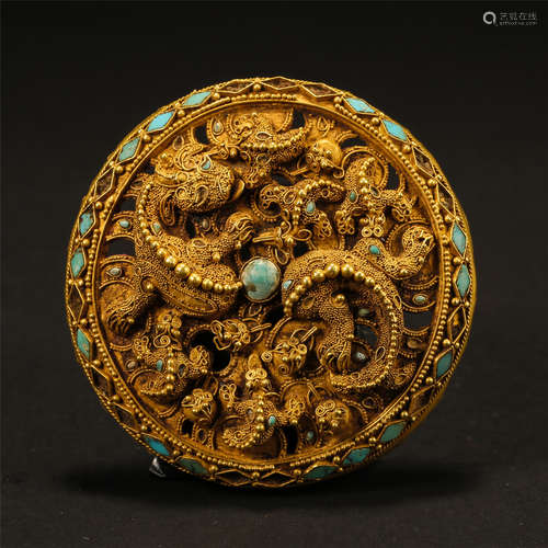 CHINESE JADE INLAID PURE GOLD DRAGON PLAQUE