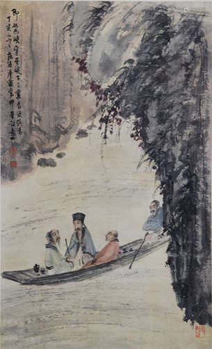 CHINESE SCROLL PAINTING OF MEN ON BOAT