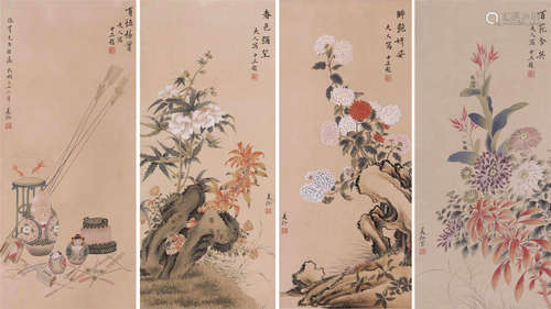 FOUR PANELS OF CHINESE SCROLL PAINTING OF BIRD AND FLOWER