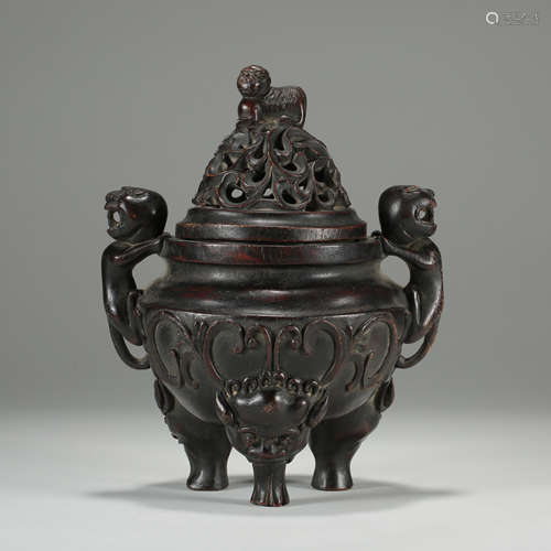 CHINESE AGALWOOD TRIPLE FEET LIDDED CENSER