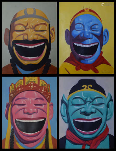 CHINESE OIL PAINTING OF LAUGHING FIGURES ON CANVAS