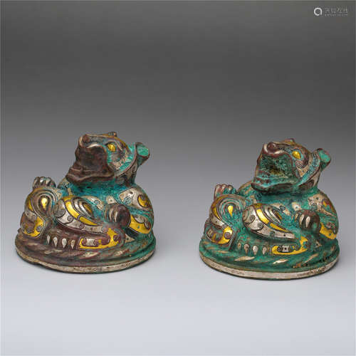 PAIR OF CHINESE GOLD SILVER INLAID BRONZE BEASTS