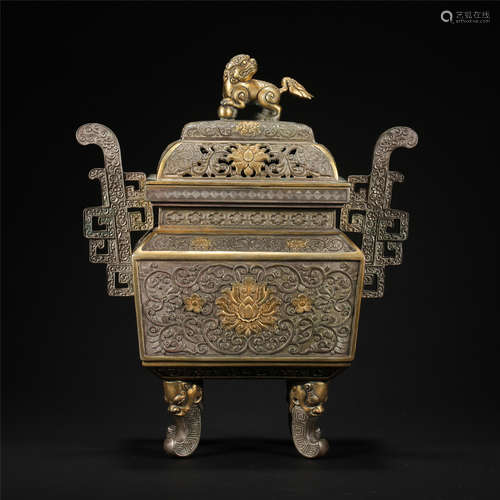 CHINESE GILT SILVER LIDDED SQUARE CENSER