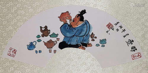 CHINESE FAN PAINTING OF MAN DRINKING