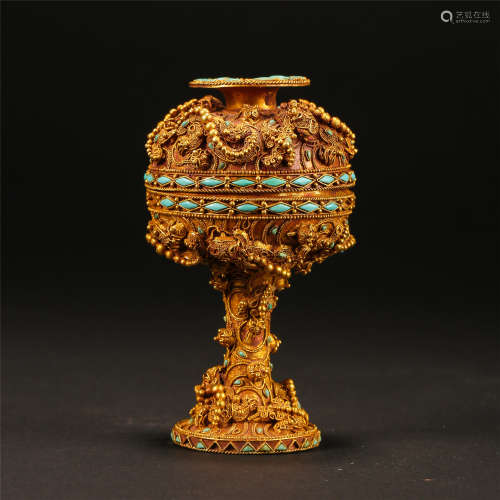 CHINESE TURQUOISE INLAID PURE GOLD DOU CUP