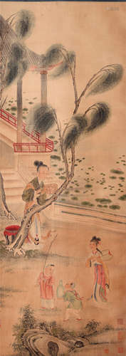 CHINESE SCROLL PAINTING OF BEAUTIES IN GARDEN