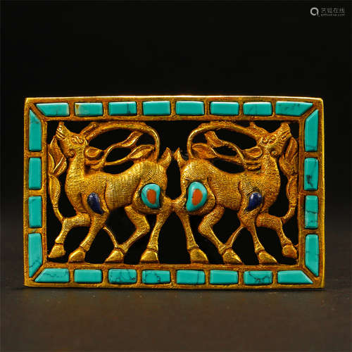 CHINESE GILT BRONZE TURQUOISE INLAID DEER PLAQUE