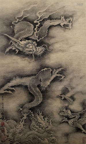 CHINESE SCROLL PAINTING OF DRAGON IN CLOUD