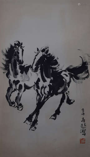 CHINESE SCROLL PAINTING OF HORSES